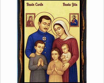 Charles of Austria and Zita Icon - Byzantine Art - Holy Card on Handmade Wood Plaque