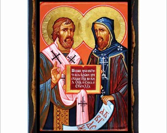 Saints Cyril and Methodius - Byzantine Art - Orthodox Catholic Holy Card on Handmade Wood Plaque