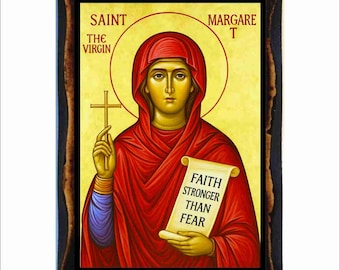 Margaret of Antioch Icon - Byzantine Art - Orthodox Catholic Holy Card on Handmade Wood Plaque