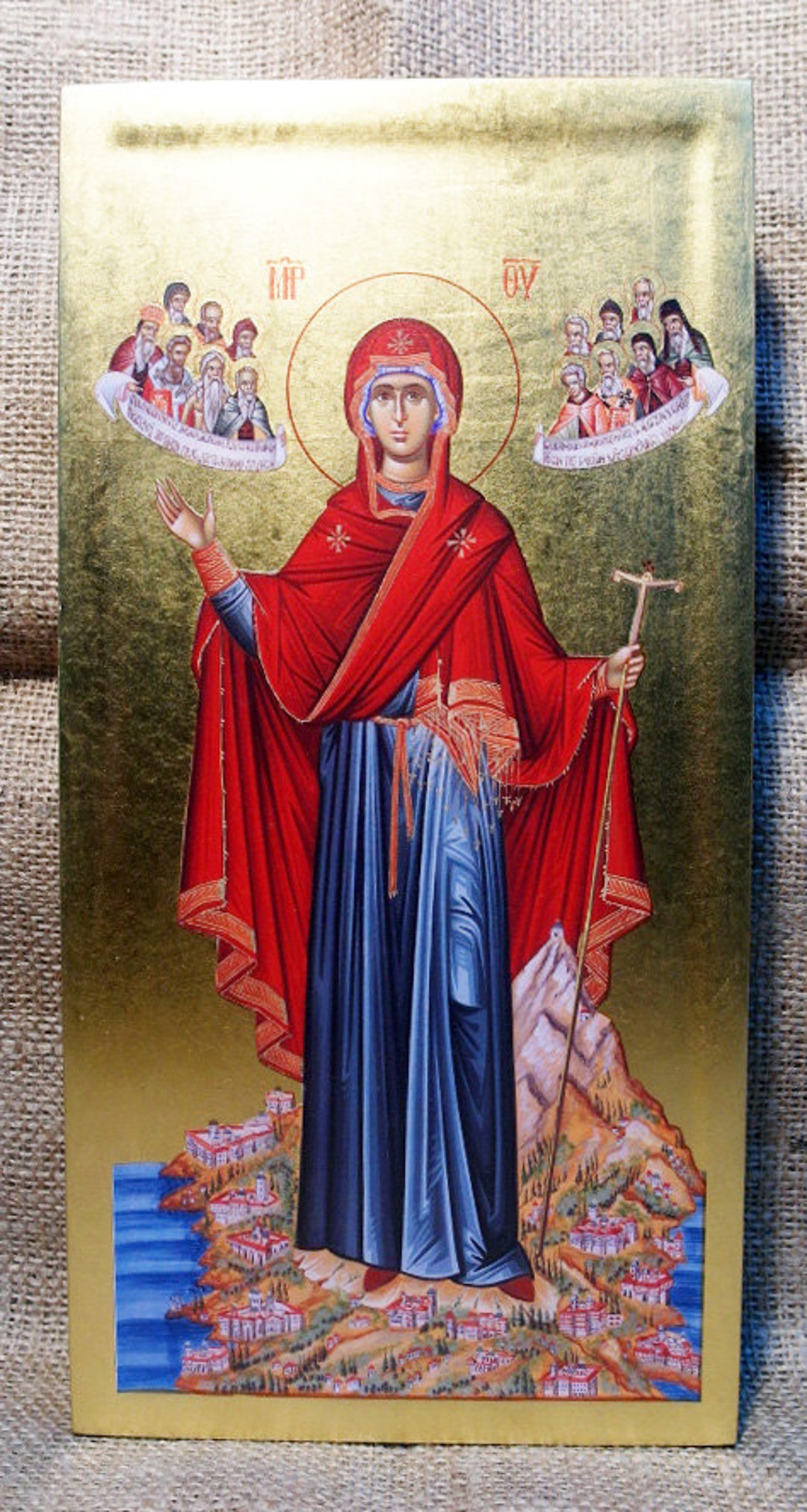 Hand-painted Virgin Mary Icon: 24K Gold Leaf, Mount Athos Orthodox