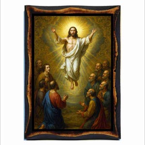 Hemelvaart van Jezus - Byzantijnse kunst - orthodox-katholieke heilige kaart op handgemaakte houten plaquette