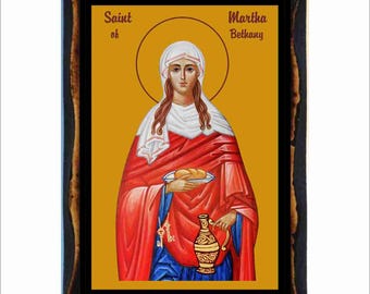 Santa Marta di Betania - Arte bizantina - Immagine sacra cattolica ortodossa su targa di legno fatta a mano