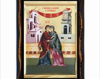 The Visitation of Mary and Elizabeth - Byzantine Art - Holy Card on Handmade Wood Plaque