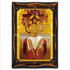 May include: A religious icon depicting Jesus Christ seated on a throne, holding a chalice. The icon is painted in a traditional style with gold accents and a dark wooden frame. The text "ΙΗΣΟΥΣ" is written in Greek at the top of the icon.