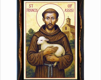 Francis of Assisi Icon - Byzantine Art - Orthodox Catholic Holy Card on Handmade Wood Plaque