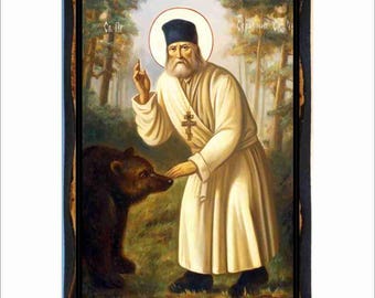Sankt Serafim av Sarovs ikon - Bysantinsk konst - Ortodoxt heligt kort på handgjord träplakett