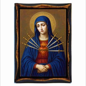 Our Lady of Sorrows Icon – Mater Dolorosa, Catholic Holy Card on Handmade Wood Plaque