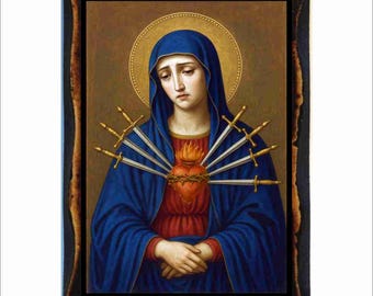 Our Lady of Sorrows Icon - Byzantine Art - Catholic Holy Card on Handmade Wood Plaque