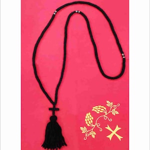 Cordón de oración de lana de 300 nudos con cuentas negras y bendecido con la Santa Mirra - Komboskini- Chotki - Cordón de oración de lana de 300 nudos, hecho a mano por ancianos