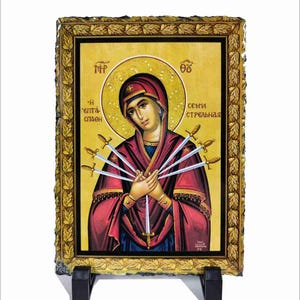 Virgin Mary &quot;Seven Swords&quot; Icon Plaque – Glossy Natural Stone – 7.9&quot; x 5.5&quot; – Our Lady of Sorrows - Softener of Evil Hearts - Christian Gift