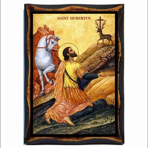 Saint Hubert Icon - Byzantine Art - Catholic Holy Card on Handmade Wood Plaque