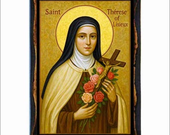 May include: A rectangular wooden plaque featuring a religious icon of Saint Thérèse of Lisieux. The figure wears a black and white habit, holds a crucifix with a golden figure, and carries a bouquet of pink and orange roses against a gold background.