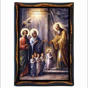 La présentation de la Bienheureuse Vierge Marie - Art byzantin - Carte sainte sur plaque de bois faite main