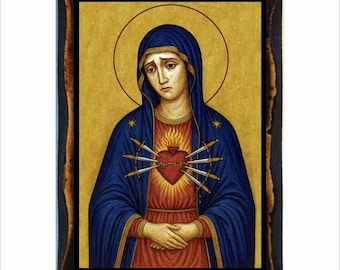 Our Lady of Sorrows Icon - Byzantine Art - Catholic Holy Card on Handmade Wood Plaque