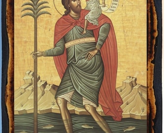 Saint Christopher  Greek Orthodox Russian Mount Athos Byzantine Christian Catholic Icon on Wood