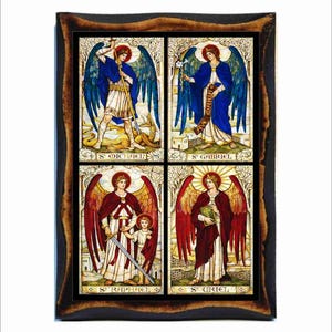 Arcangeli Uriele, Gabriele, Raffaele, Michele, icona bizantina su targa di legno fatta a mano