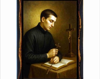 San Luis Gonzaga - Icono bizantino - Estampa católica en placa de madera hecha a mano