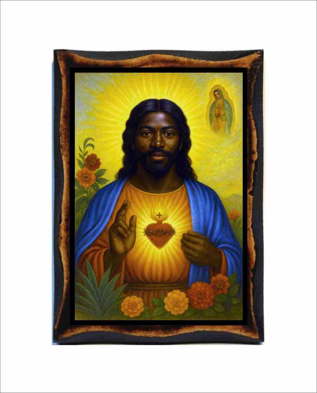 Black Jesus - Byzantine Art - Catholic Holy Card on Handmade Wood