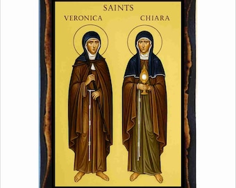 Chiara and Veronica Icon - Byzantine Art - Catholic Holy Card on Handmade Wood Plaque