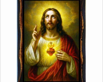 Sacred Heart of Jesus Icon - Byzantine Art - Catholic Holy Card on Handmade Wood Plaque