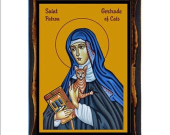 Saint Gertrude of Nivelles - Sainte Gertrude - Santa Gertrude - Handmade wood, Holy card on plaque