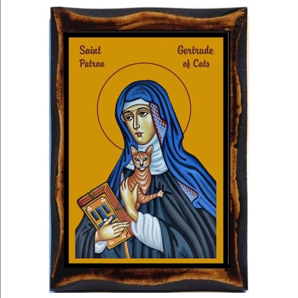 Saint Gertrude of Nivelles - Sainte Gertrude - Santa Gertrude - Handmade wood, Holy card on plaque