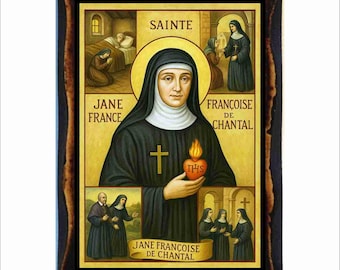 Sainte Jane Frances de Chantal - Byzantijnse kunst - katholieke heilige kaart op handgemaakte houten plaquette
