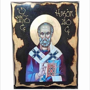 Sinterklaas - Nicolas de Myre - San Nicola di Bari - Kerstman - Saint Nick Handgemaakt houten icoon met fysieke veroudering en bladgoud 24K