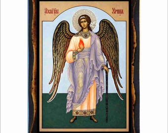 Archangel Uriel Icon - Byzantine Icon - Orthodox Catholic Holy Card on Handmade Wood Plaque