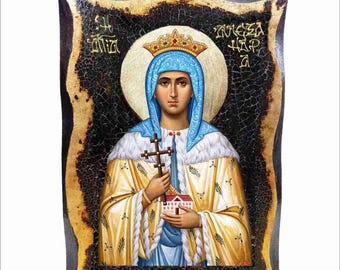 Handmade Saint Alexandra Wood Icon with 24K Golden LeafFinish