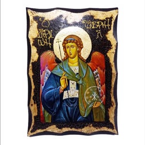 Archangel Gabriel - Angel of Revelation -San Gabriele -Erzengel Gabriel Handmade Wood Icon on plaque with physical aging and Golden Leaf 24K