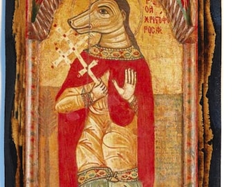 Saint Christopher the dog head (Cynocephaly) Greek Orthodox Russian Mount Athos Byzantine Christian Catholic wood icon on plaque