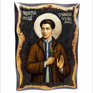 Handgemaakt Corneliu Zelea Codreanu-houten icoon met 24K bladgoud