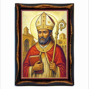 Augustinus van Nijlpaard - Byzantijnse kunst - orthodox-katholieke heilige kaart op handgemaakte houten plaquette