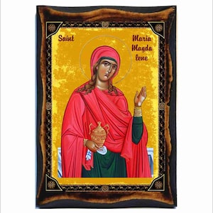 Maria Magdalena Ikone: Byzantinische Kunst - Katholische Heilige Karte auf Handgefertigter Holzplakette