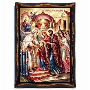 La présentation de la Bienheureuse Vierge Marie - Art byzantin - Carte sainte sur plaque de bois faite main