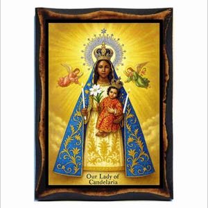 Ícone da Virgem da Candelária - Madona Negra - Cartão Sagrado Católico em Placa de Madeira Feita à Mão