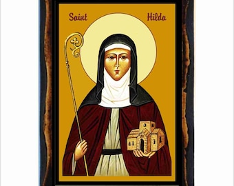 Icono de Santa Hilda de Whitby: Arte bizantino - Estampa católica en placa de madera hecha a mano