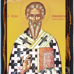 Saint Nikephoros I of Constantinople Greek Orthodox Russian Mount Athos Byzantine Christian Catholic Icon on Wood