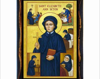 Die heilige Elizabeth Ann Seton Ikone - byzantinische Kunst katholische heilige Karte auf handgemachter Holzplakette