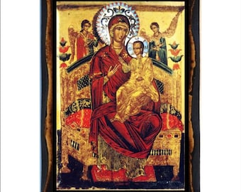 Jungfrau Maria Pantanassa Ikone - Heiliges Kloster Vatopedi Heilige Karte auf handgemachter Holzplakette