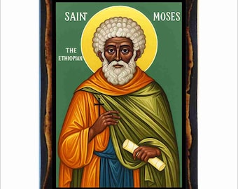 Saint Moses the Black Icon - Byzantine Art - Catholic Holy Card on Handmade Wood Plaque