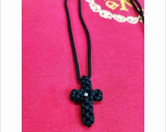 Handcrafted Cross Necklace made with Black Waxed Thread - Black Waxed Thread Handmade Cross Pendant Necklace - Handmade Cross Necklace