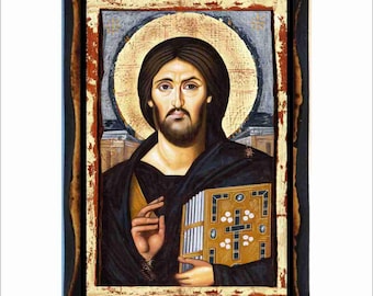 Christ Pantocrator - Jesus Christ of Sinai Icon - Orthodox  Holy Card on Handmade Wood Plaque