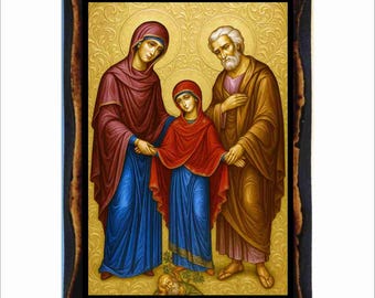 Holy Joachim and Anna - Byzantine Art - Orthodox Catholic Holy Card on Handmade Wood Plaque