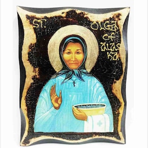Saint Olga of Alaska - Saint Matushka Olga Michael of Alaska Handmade Wood Icon on plaque with physical aging and Golden Leaf 24K