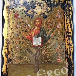 Jesus Christ (Ampelos) and the Apostles Handmade Wood Icon on plaque with physical aging and Golden Leaf 24K