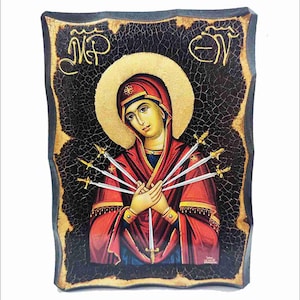 Our Lady of Sorrows - Maria Addolorata - Mater dolorosa - Maica Îndurerată Handmade Wood Icon on plaque physical aging and Golden Leaf 24K