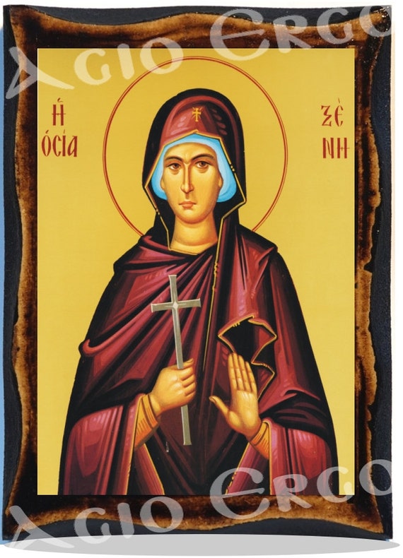 聖クセニのイコン - ビザンチン美術 - 手作りの木製額縁に描かれた正