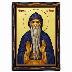 Macarius the Egyptian Icon - Byzantine Art - Holy Card on Handmade Wood Plaque